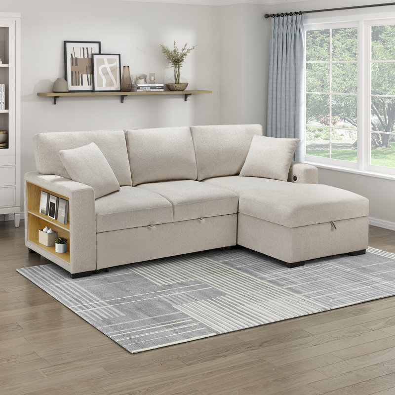 Darrielle Sectional Sofa Sleeper, Beige Fabric, Right Hand Facing
