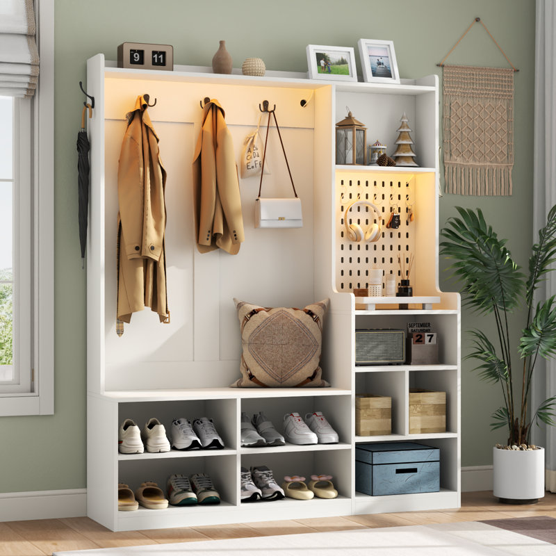 Hall Tree With Bench And Shoe Storage, Entryway Storage Bench With Coat Rack & Led Lights