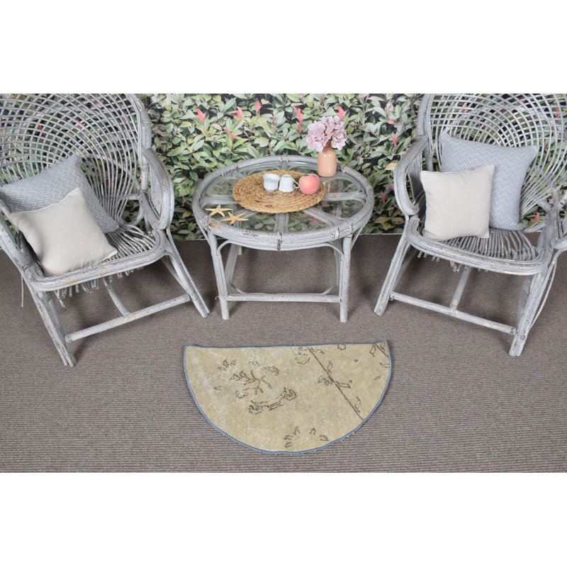 Vintage Beige Oushak Turkish Round Rug Ideal for Small Spaces and Entryways