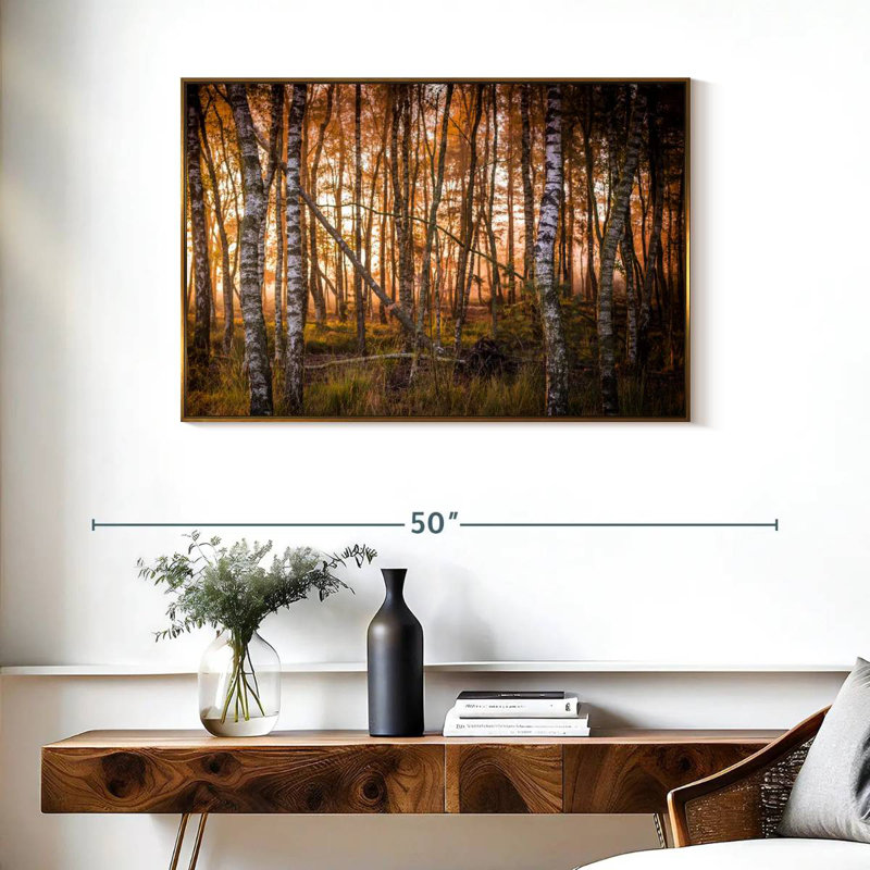 Forêt de bouleaux sombre, Cadre flottant doré, 37 po x 25 po