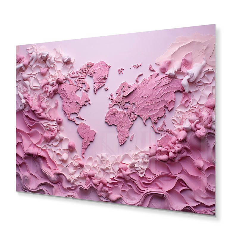 «Carte du monde des eaux fantaisistes roses» sur métal, H 12 po x l 20 po x P 1 po