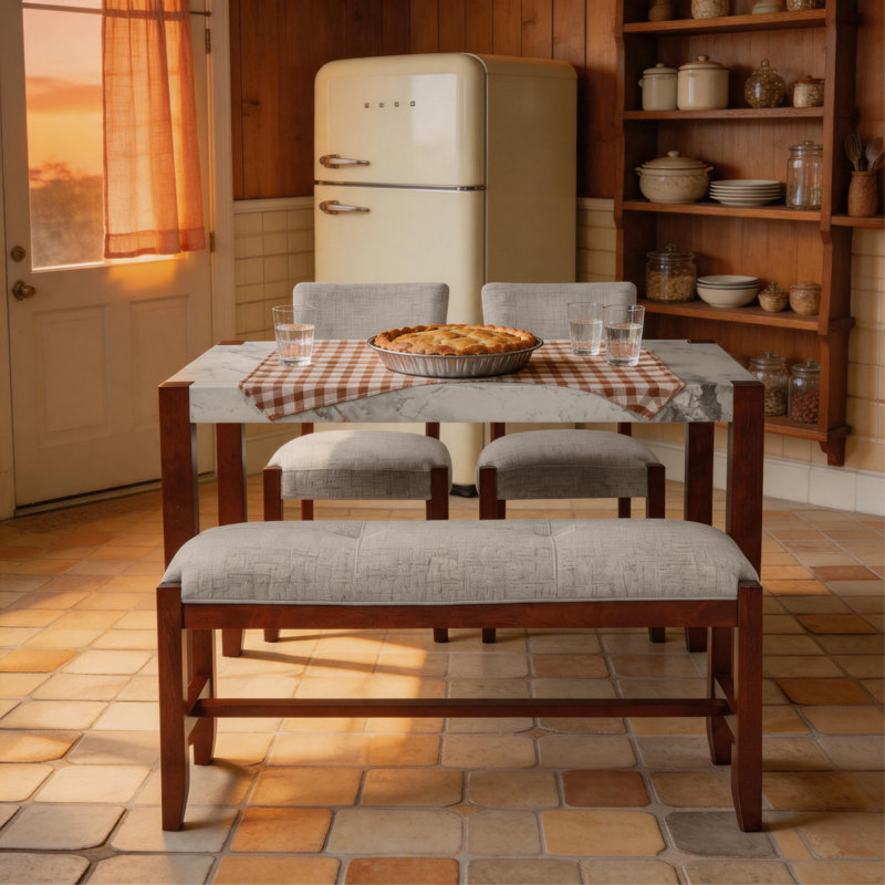 Ensemble de salle à manger moderne 4 pièces, table de salle à manger en faux marbre avec pieds en bois d'hévéa, 2 chaises rembourrées et 1 banc, ensemble de coin-repas à dossier courbé beige