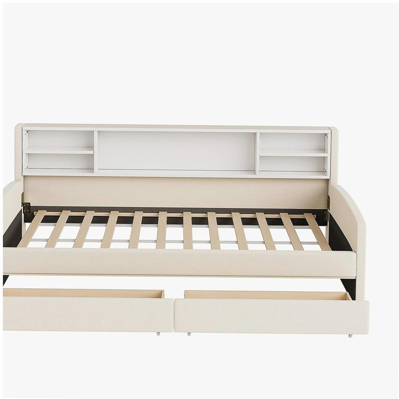 Lit plateforme double avec rangement et tiroirs, Beige