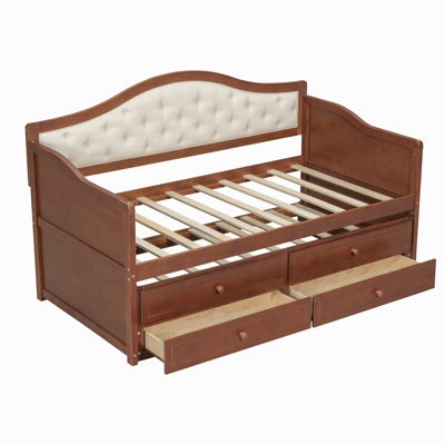 Twin Daybed With Trundle, Twin Size Daybed With 2 Storage Drawers, Wooden Sofa Bed With Upholstered Button Tufted Backrest For Living Room, Bedroom, Guest Room