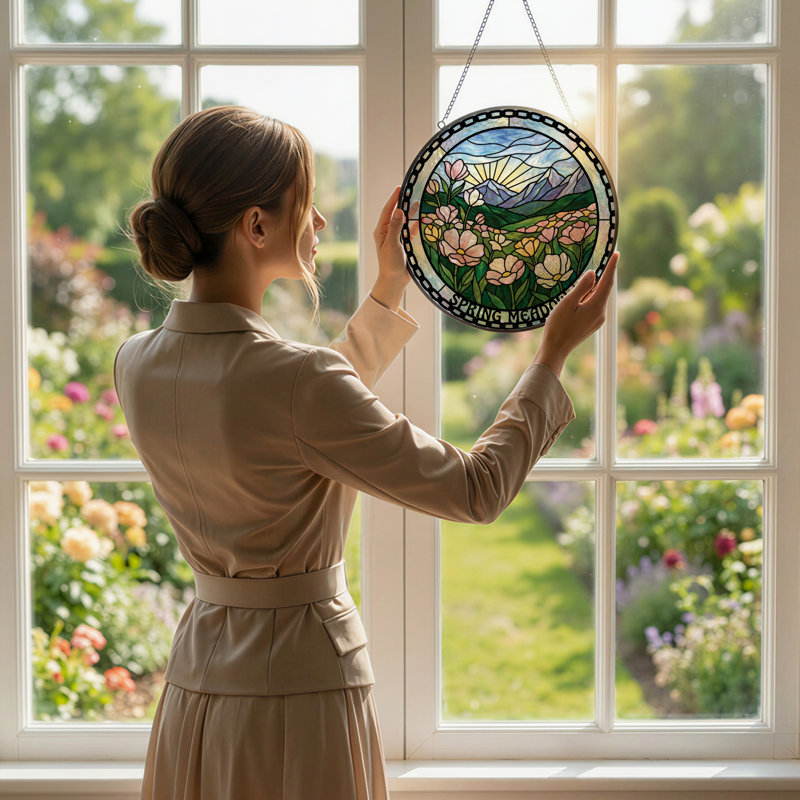 7.8"H Spring Meadow Stained Glass Window Panel, 7.8" H x 7.8" W