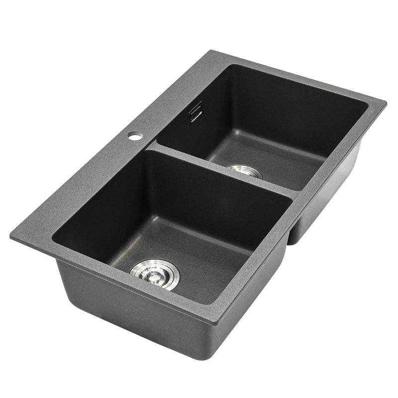 Belfry Kitchen Diedre 490mm W Double Bowl Quartz Undermount Kitchen Sink