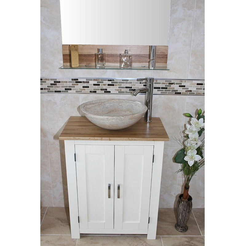 Cowen 650mm Single Bathroom Vanity with Vessel St1 Basin, White, Travertine, Oak