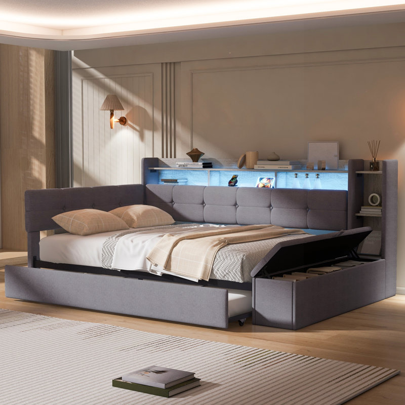 Lit de jour simple rembourré avec repose-pieds de rangement, tablettes, lit gigogne, charge USB et lumière DEL, Twin, Gray