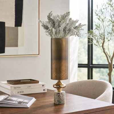 Modern Cylinder Glass Vase with Marble Base & Metal Accent for Home Table Decor - Tall Flower Vase Accent for Living Room Styling - Brown & Gold