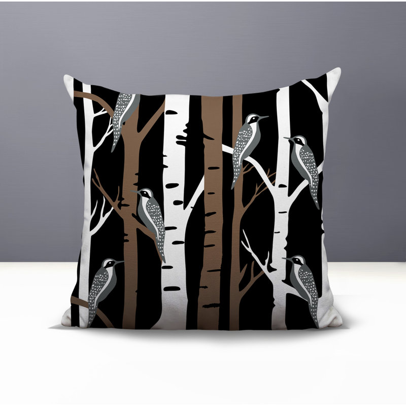 Oreiller carré réversible intérieur / extérieur Fiore Bird, Carré 15 po, Noir