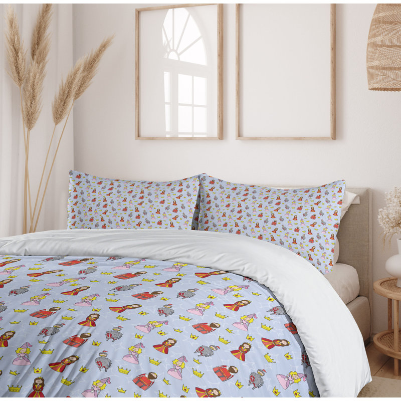 Multicolor Cartoon Princess and Knight Queen Duvet Cover Set