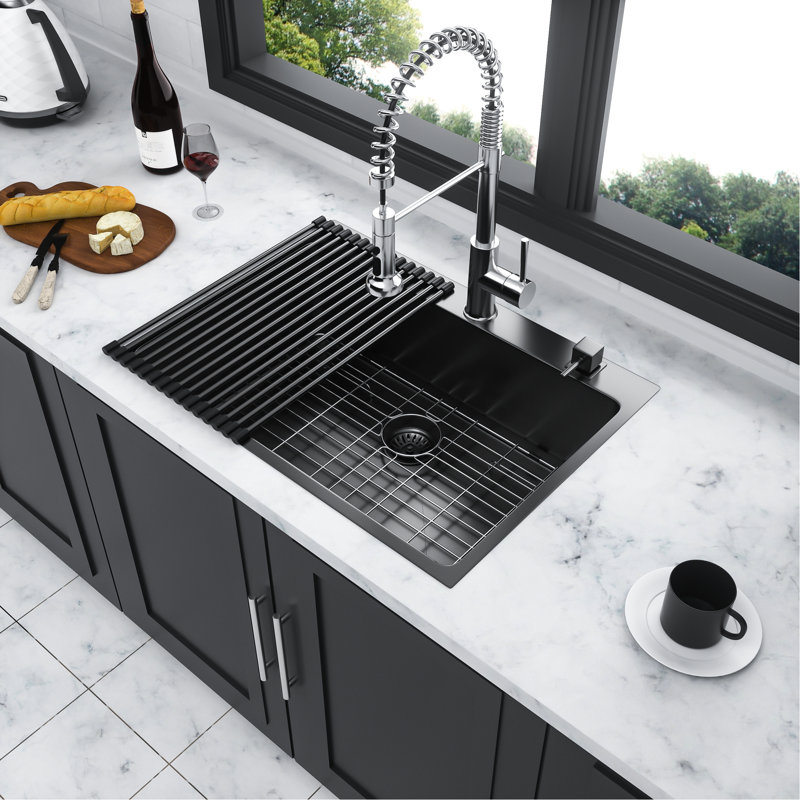 Évier de cuisine de 30 po à montage sur le dessus, acier inoxydable noir, acier de calibre 16, 30 po x 22 po, surface lisse, jauge en acier inoxydable facile à nettoyer, encastré, matériau rouille, gabarit