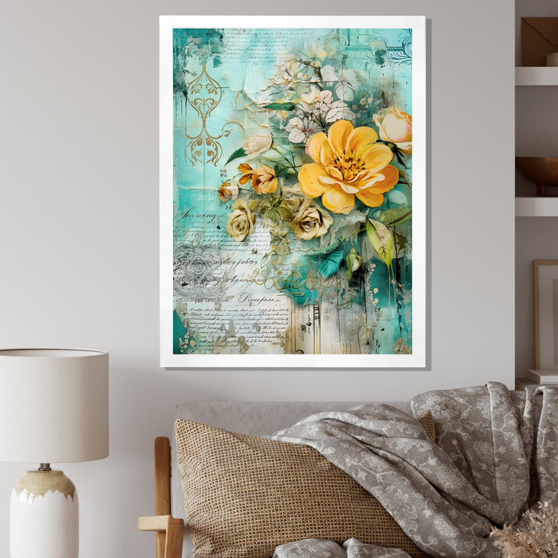 «Blossoming Yellow Rose On», art rétro, Cadre photo blanc, H 32 po x l 16 po x P 1 po