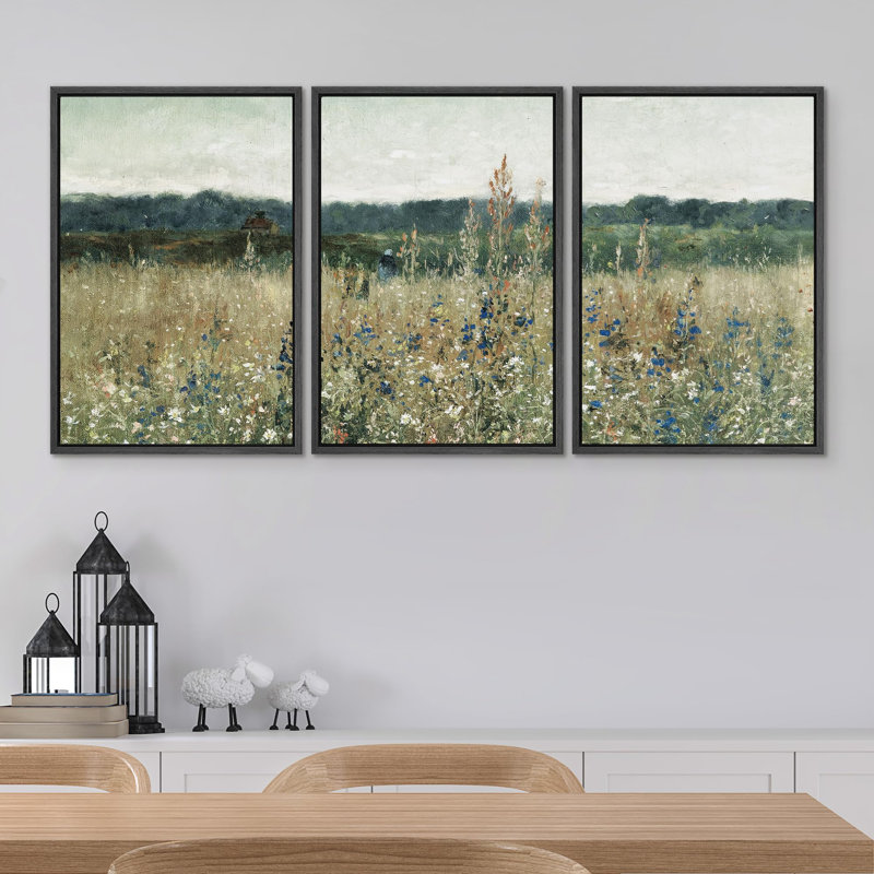 Rural Landscape " Pastoral Fields Rustic Wildflower Countryside Floral Landscape Illustration Rustic Artwork Ultra " 3 - Pieces