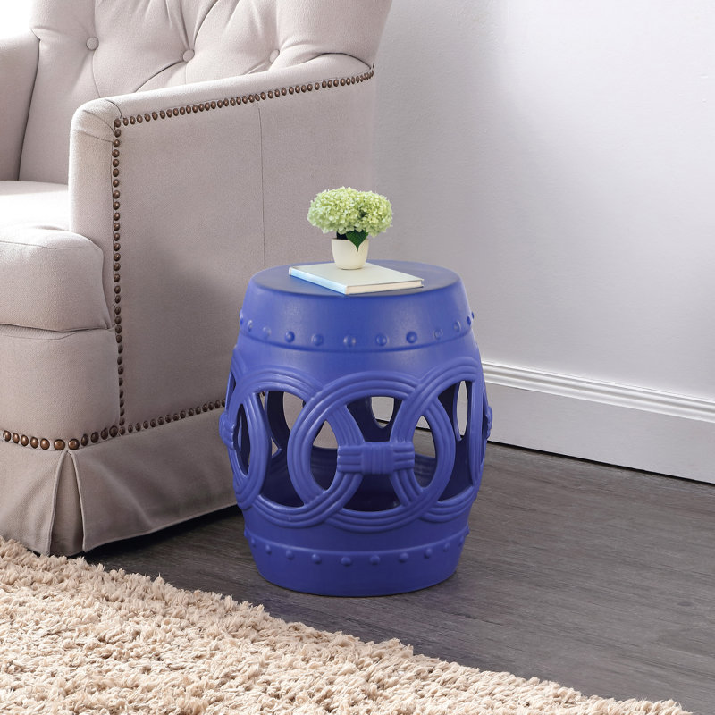 Lucky Coins - Tabouret de jardin 16 po avec cercles de cercles bleus entrecroisés, table d'appoint intérieure et extérieure, siège et support pour plante