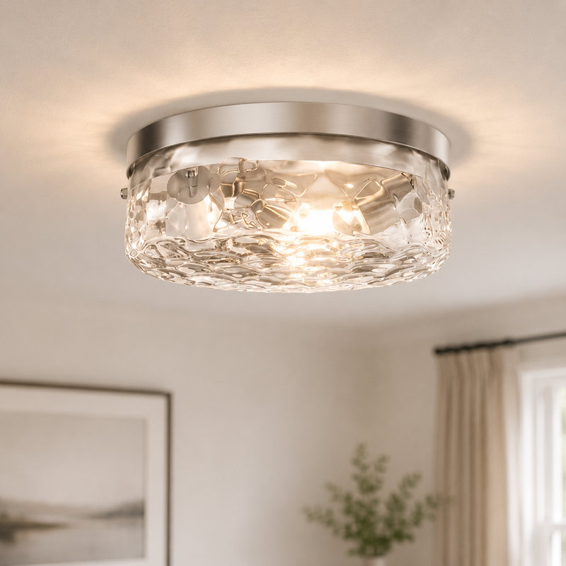 12''-3 Lights Brushed Sand Nickel Modern Metal And Glass Drum Dimmable Flush Mount Lighting For Bedroom, Brushed Sand Nickel