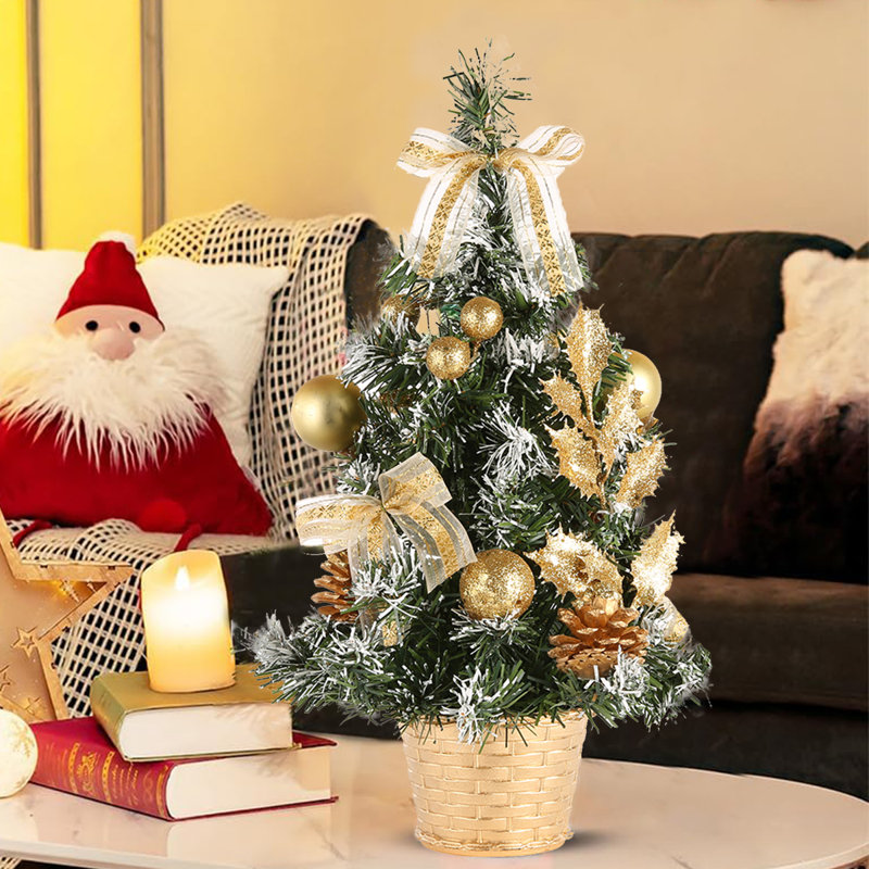 15.7" Mini Christmas Tree,Artificial Tabletop Tree with Pine Cones & Red Berry,Red, Gold