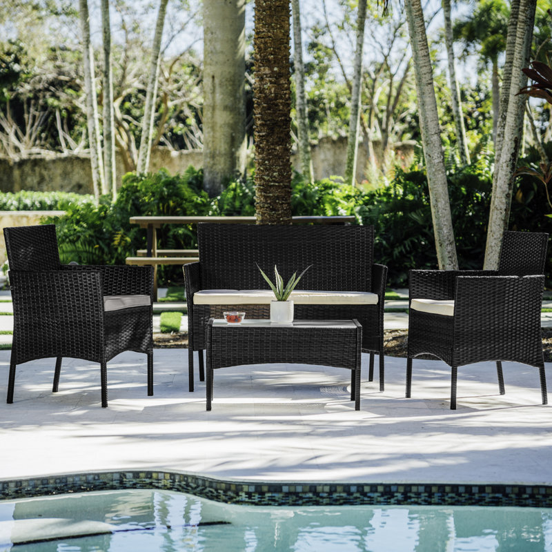 Ensemble de conversation pour terrasse 4 personnes, Cadre noir / coussin beige