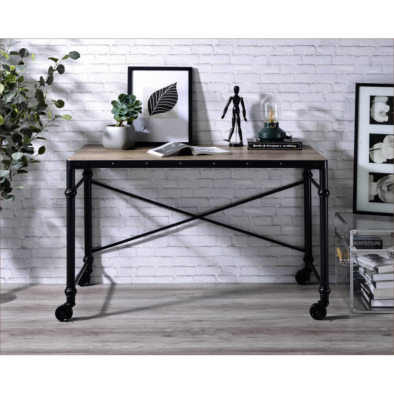 Bureaux, chêne rustique industriel & amp; Bureau d'écriture noir avec roulettes | Structure en métal | Bois synthétique