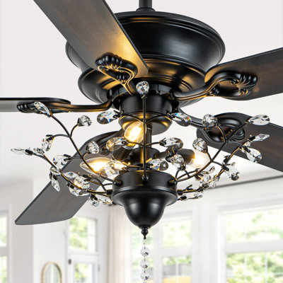 Engebretson 52 Inch Black Modern Crystal Ceiling Fan with Lights and Remote, 6 Speeds DC Motor Reversible Ceiling Fan with Crystals