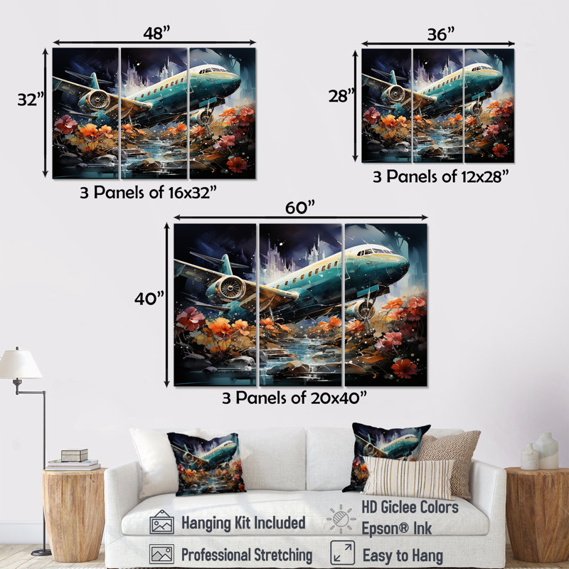 Fantaisie, fleur, avion, derniers carreaux - ensemble d'art mural toile, H 32 po x l 48 po x P 1 po