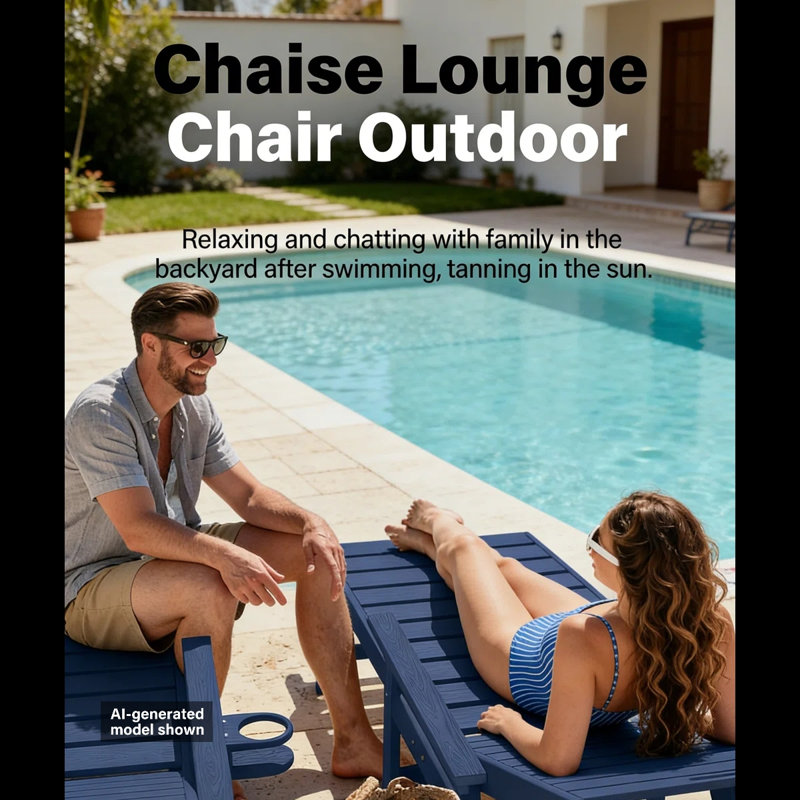 Chaise longue d'extérieur toutes saisons à 5 positions avec 5 positions, facile à installer, avec accoudoirs larges, porte-gobelets rotatifs et roues à roulement lisse pour piscine / bord de piscine / plage / terrasse / patio / arrière-cour, bleu foncé (ensemble de 2)