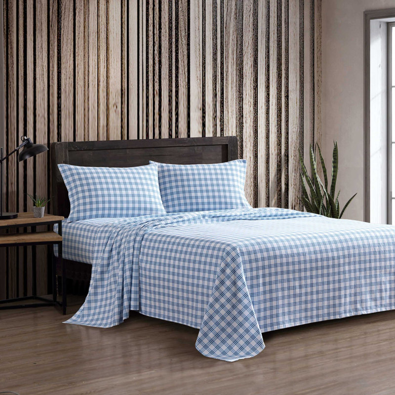 Ensemble de draps 100% coton 200 fils, Ensemble de draps pour lit double avec 2 taies d'o, À carreaux, bleu