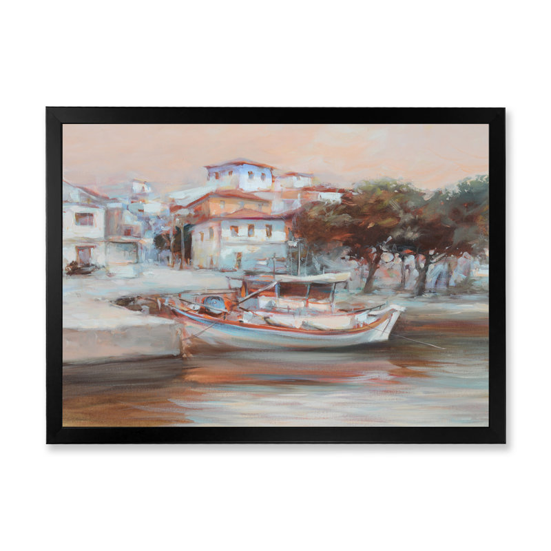 «Pastel White Boat On Calm Sea», reproduction sur toile flottante, Cadre photo noir, H 8 po x l 12 po x P 1 po