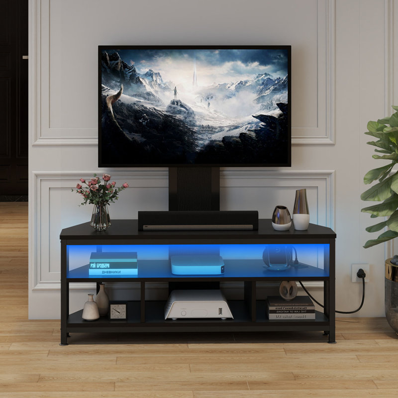 47.2"W Farmhouse Corner TV Stand With Mount, Led Lights & Power Hub,4 Open Storage Compartment Cable Management