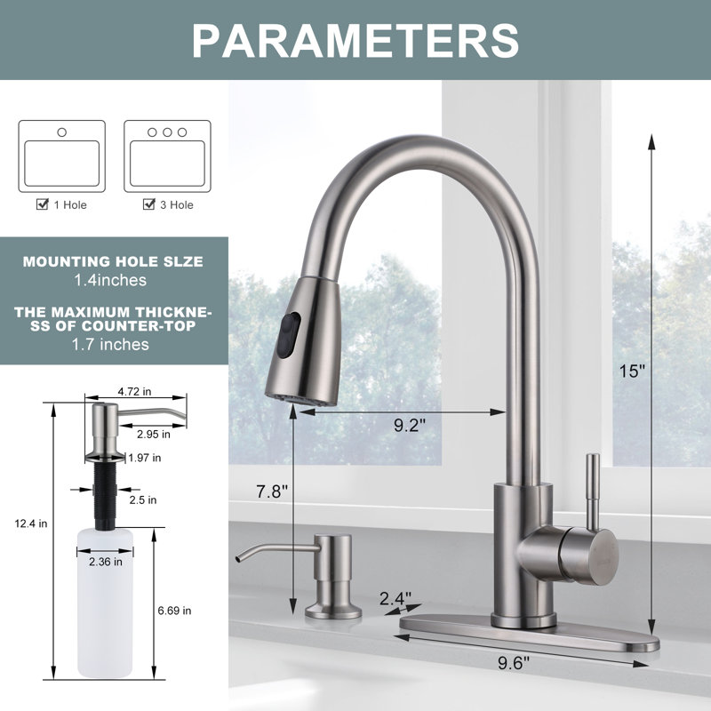 Brushed Nickel Pull-Down Kitchen Faucet with Soap Dispenser