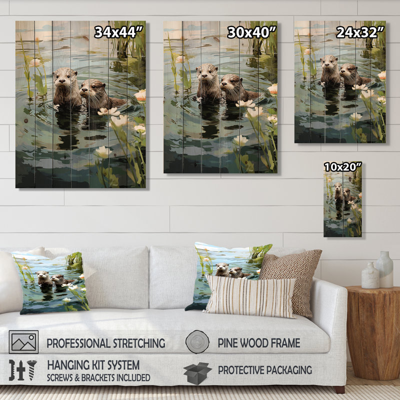 Otters Playtime - Animal côtier sur bois, H 32 po x l 24 po