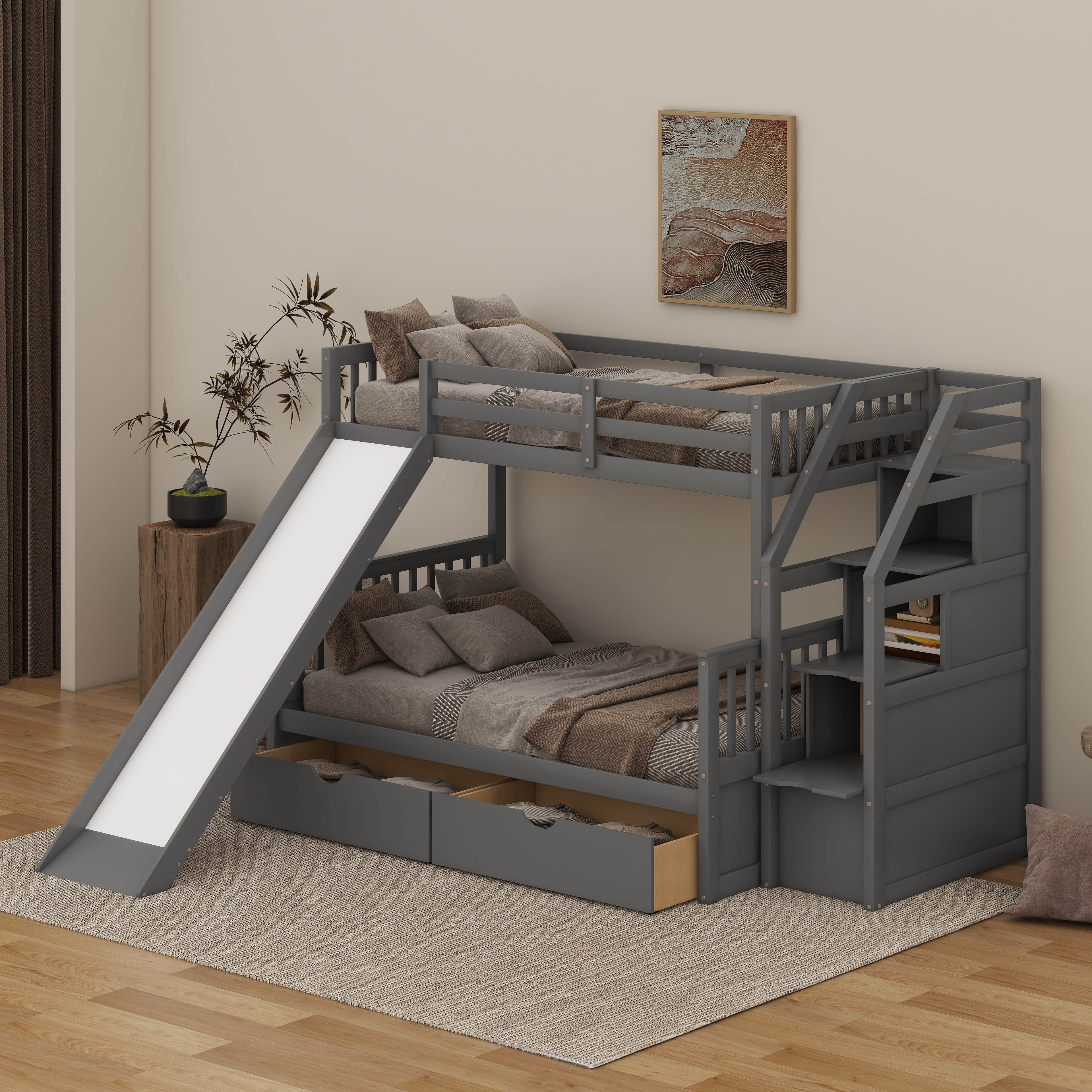 Harriet Bee Twin Over Full Bunk Bed With Drawers Safety Guardrail ...