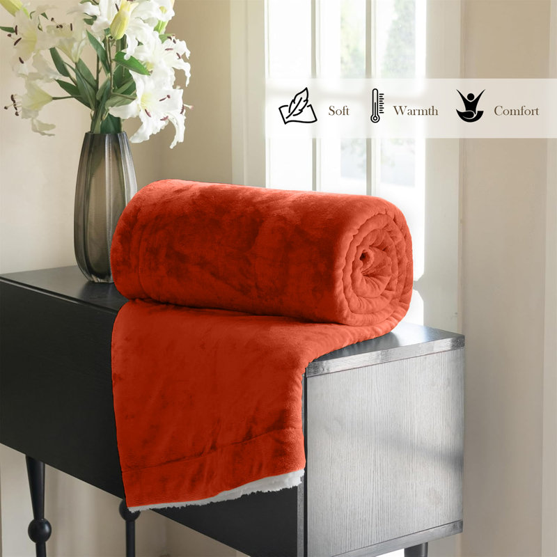 Reversible Sherpa Fleece Blanket - Ultra-Soft, Warm & Cozy All-Season Comfort , Rust, 150cm x 130cm