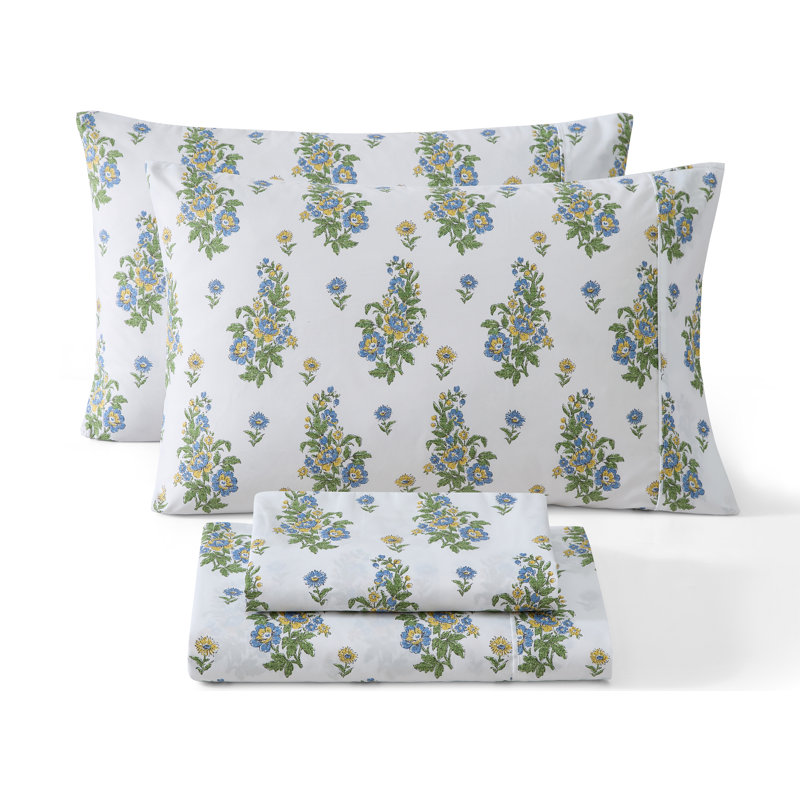 HLC.ME Color Block Printed Floral Bed Sheets - 4 Piece Patterned Bed Sheet Set - Wrinkle Resistant & Soft - Fits Mattresses Up To 15 Inches Deep (Queen, Blue)