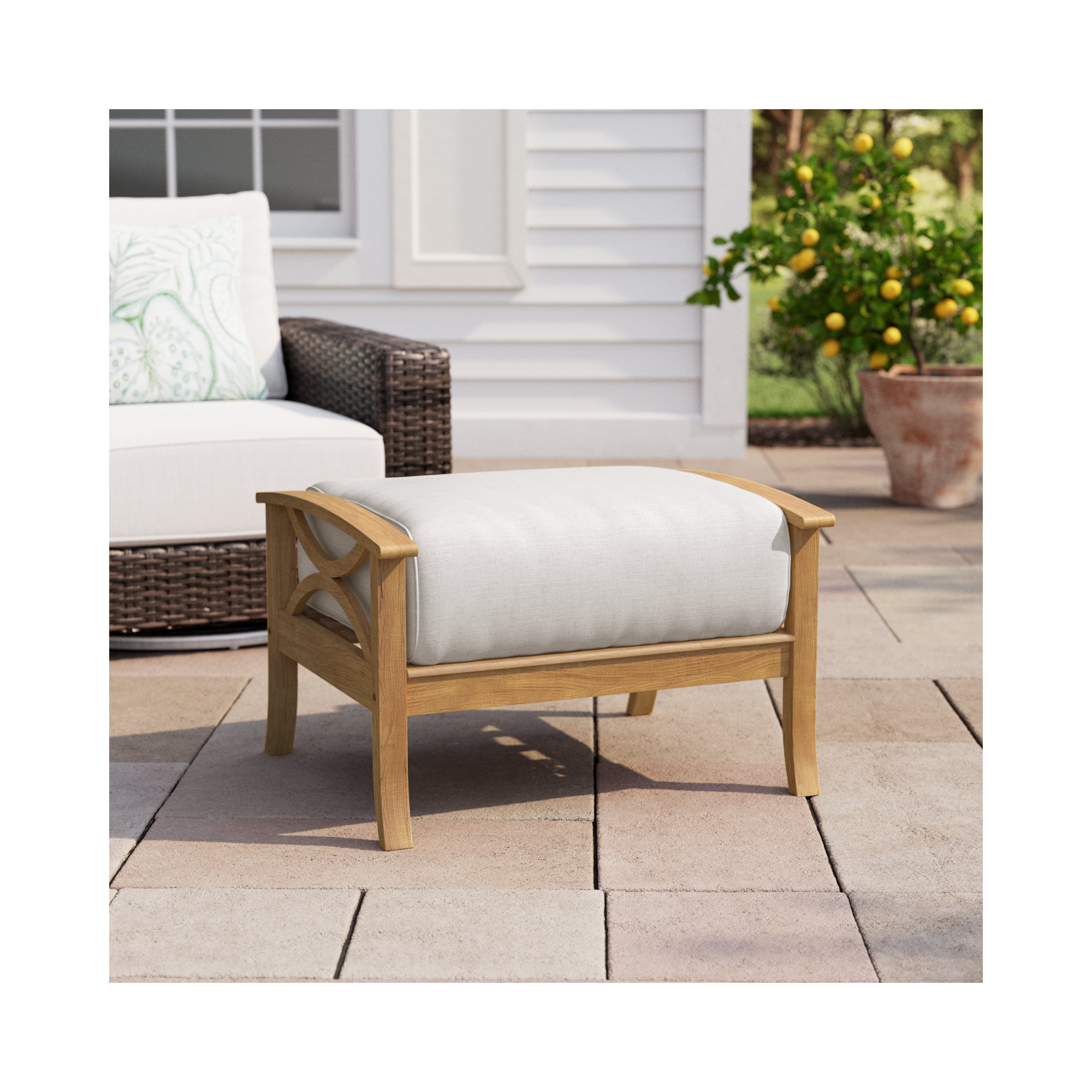 Brunswick Outdoor Teak Ottoman with Cushion, Beige, Natural