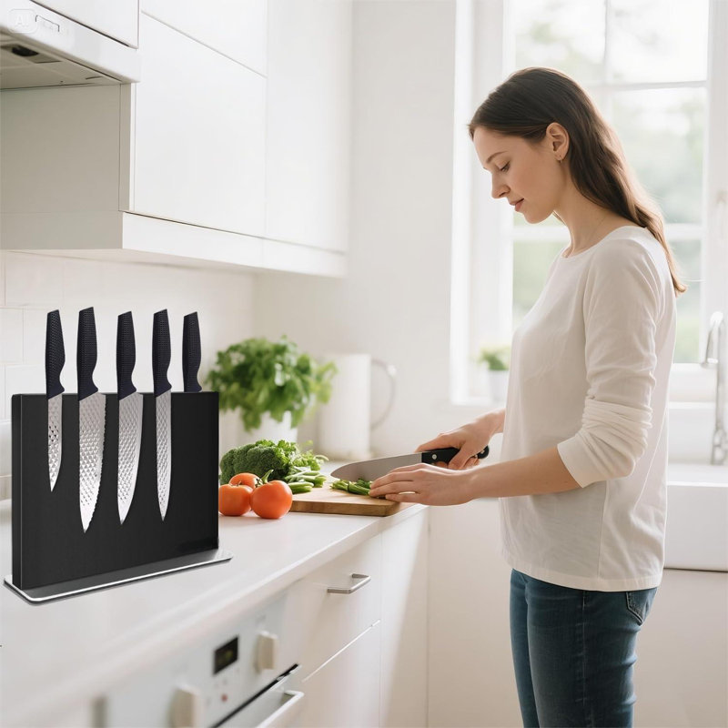 Porte-couteaux magnétique sans couteaux - Porte-couteaux magnétique double face en acier inoxydable noir avec aimants puissants, organisateur de rangement de couteaux pour comptoir de cuisine