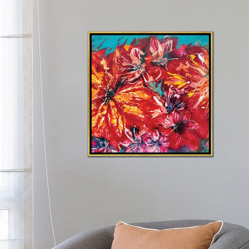 "Jardin tropical II" par Francoise Wattré - reproduction d'art, H 26 po x l 26 po x P 1,5 po, Toile encadrée d'or, Aucun mat