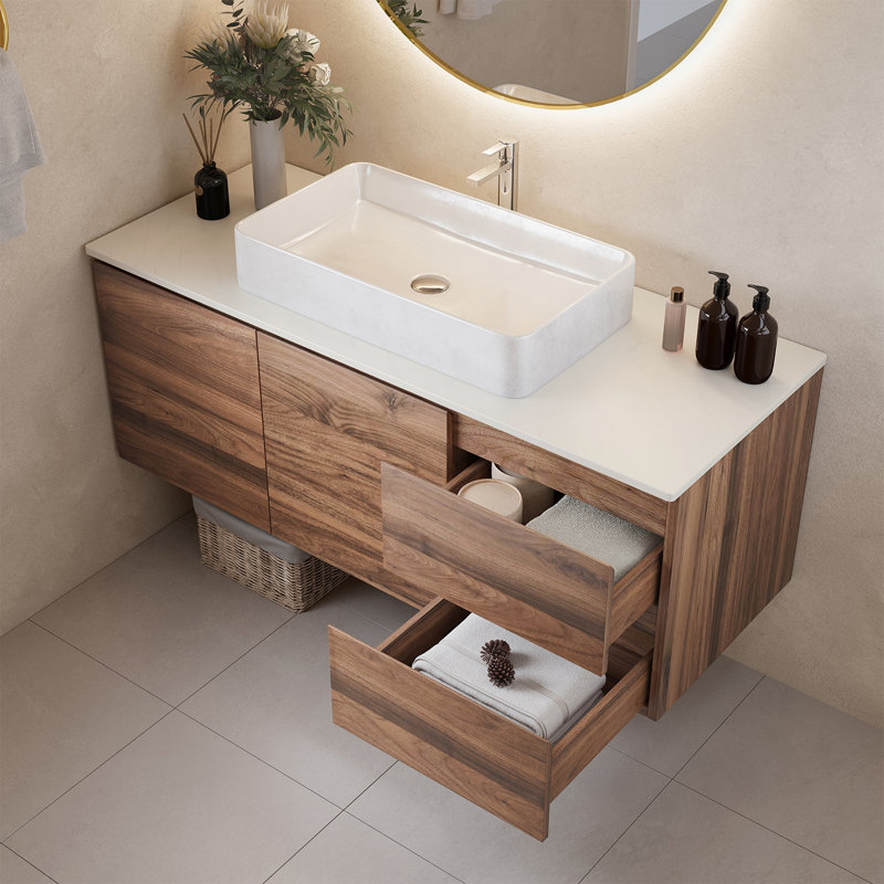 Meuble-lavabo mural moderne 48 po avec placage en noyer et lavabo en céramique blanche
