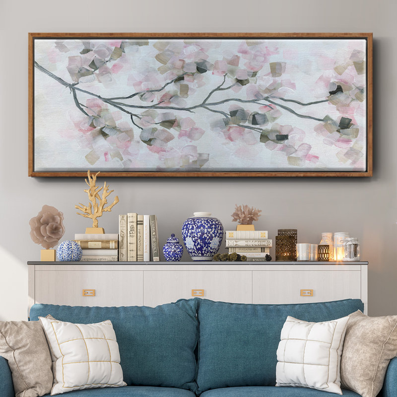 Fleurs de cerisier encadrées sur toile, Noyer, H 8 po x l 20 po x P 1,5 po