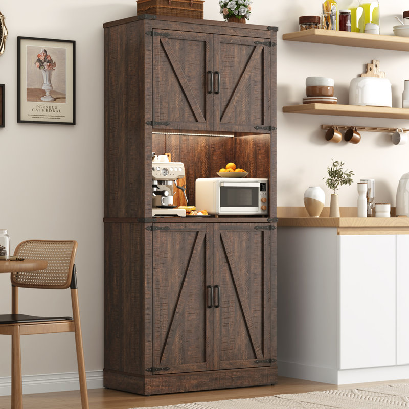 72" Kitchen Pantry With LED Light, Power Outlet And Shelves At Doors., Walnut