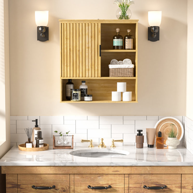 Donnell Bamboo Wall Mounted Bathroom Cabinet, Bathroom Storage Cabinet Wall Mount With Sliding Barn Door And 1 Open Adjustable Shelf