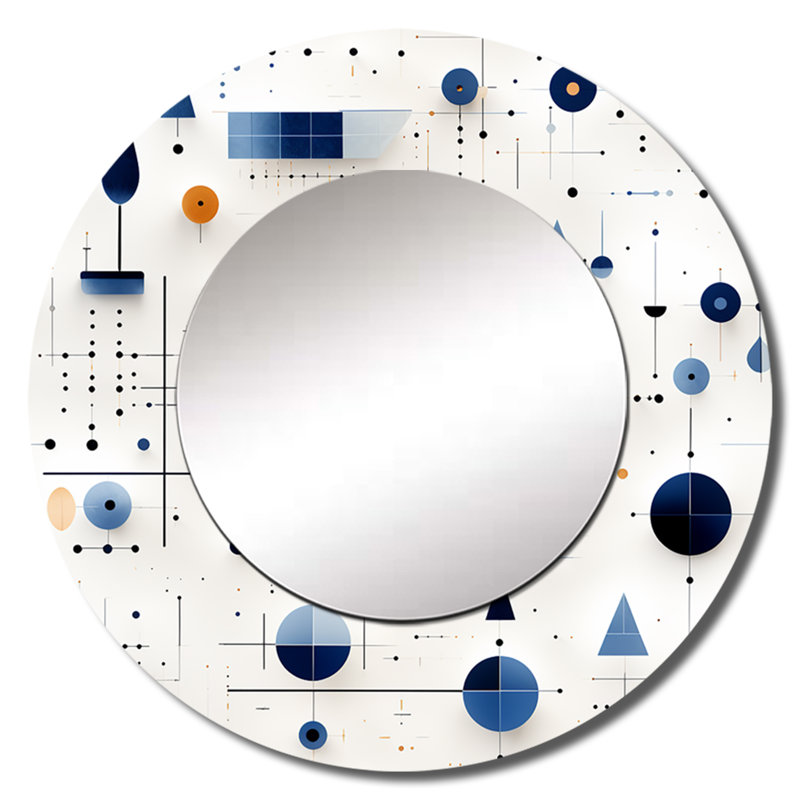 Grille bleue et blanche - miroir géométrique unique, grand miroir mural rond moderne, impression d'art en métal