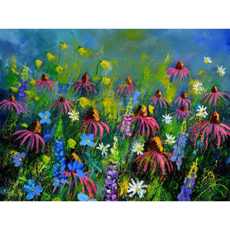 Rudbeckias par Pol Ledent - Peinture, H 17,25 po x l 21,25 po, Papier avec cadre noir