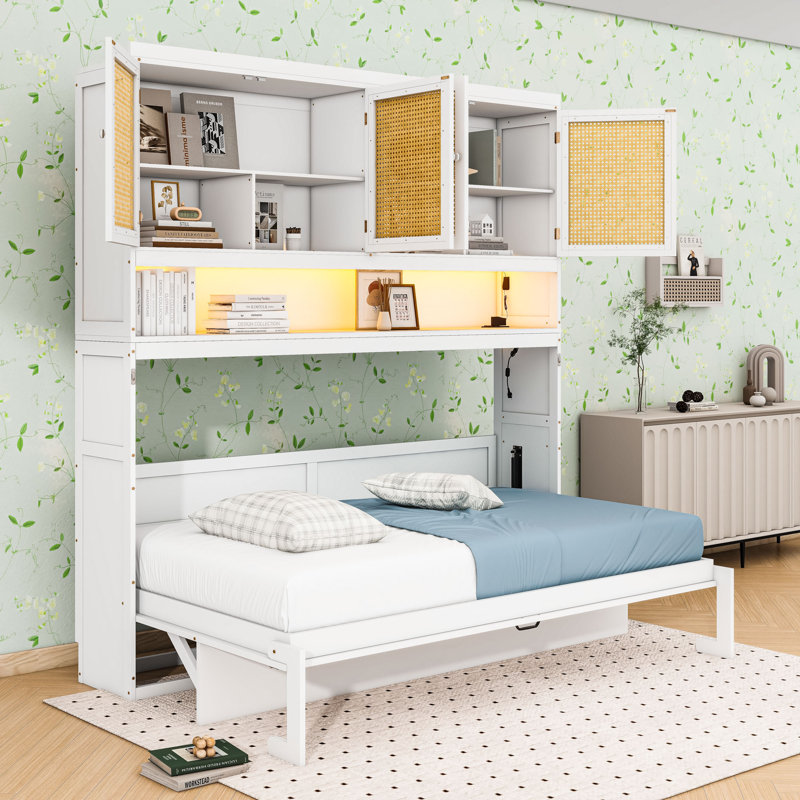 Lit escamotable simple avec lumière DEL et bureau intégré, tablettes, Blanc