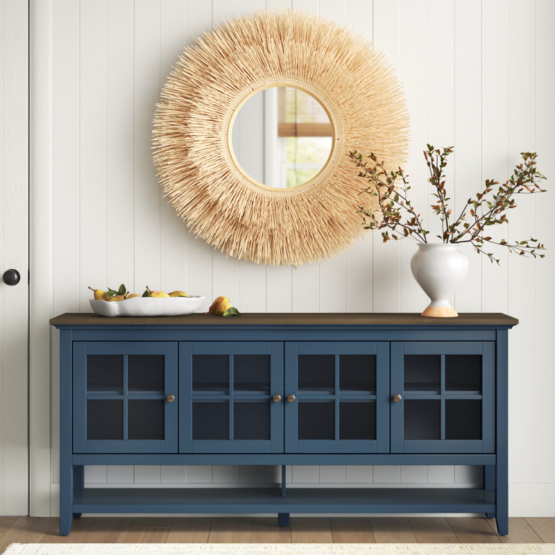 Buffet de 67,75 po de largeur avec portes en verre Alannah, Bleu Fontana