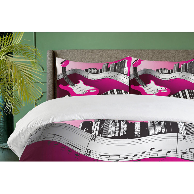Hot Pink and Black Music Themed King Duvet Cover Set