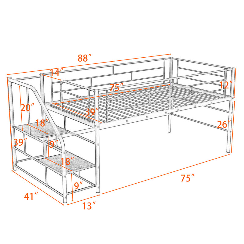 Lit mezzanine simple en métal avec escalier de rangement Anylia, Blanc