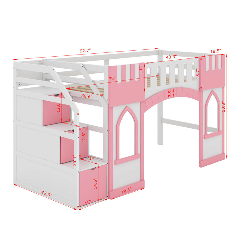 Lit mezzanine simple avec escalier de rangement et fenêtre, Rose