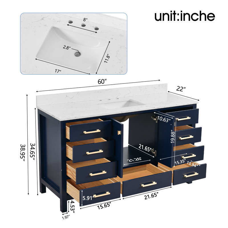 Meuble-lavabo 60 po avec plateau en pierre reconstituée, Bleu