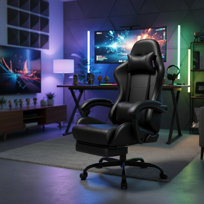 Black High-Back Ergonomic Chair With Footrest And Lumbar Support, Height Adjustable And Reclining, Suitable For Home Office Use.